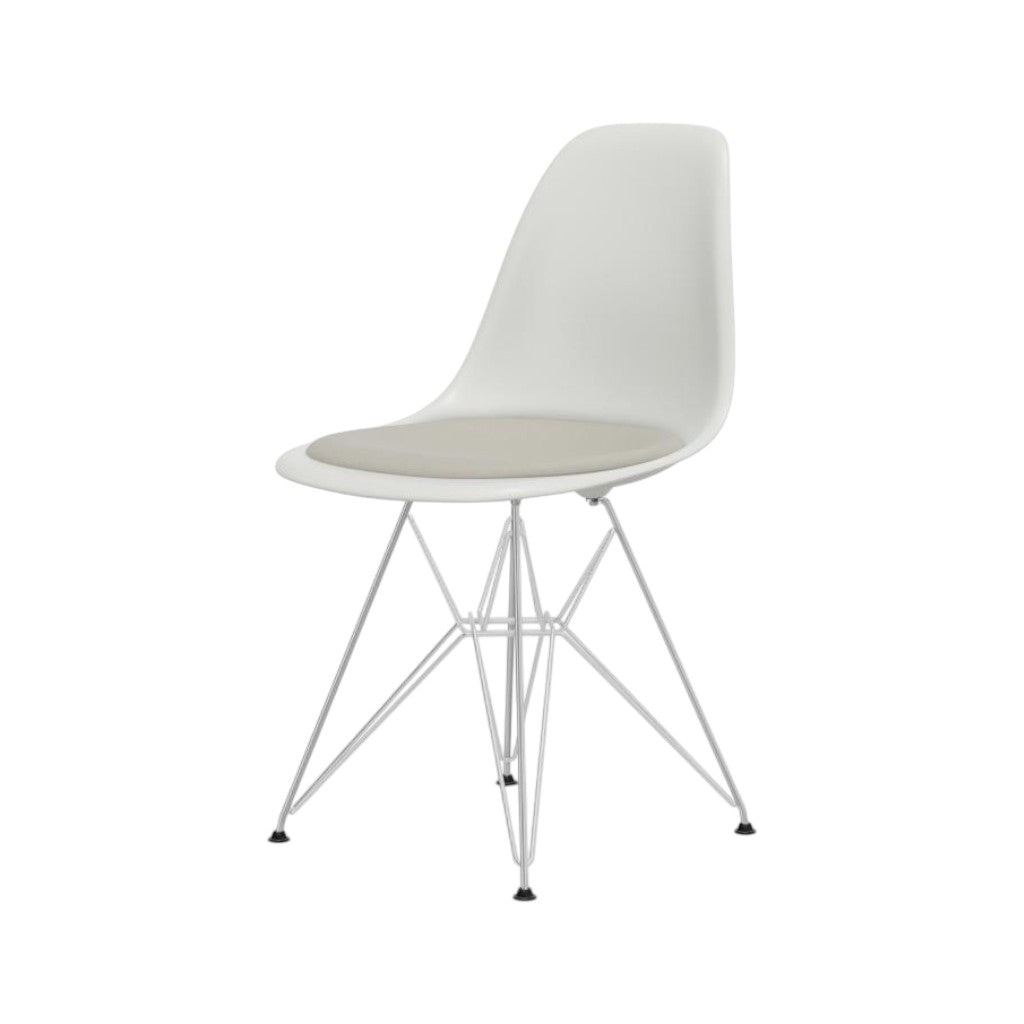 Eames Plastic Chair DSR, White with Seat Upholstery, Hopsak, Warmgrey/Ivory